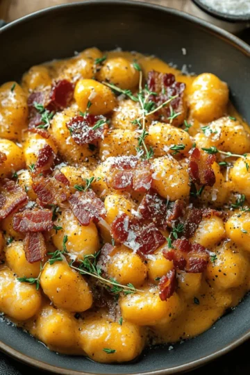 Creamy Pumpkin Gnocchi with Crispy Beef Bacon