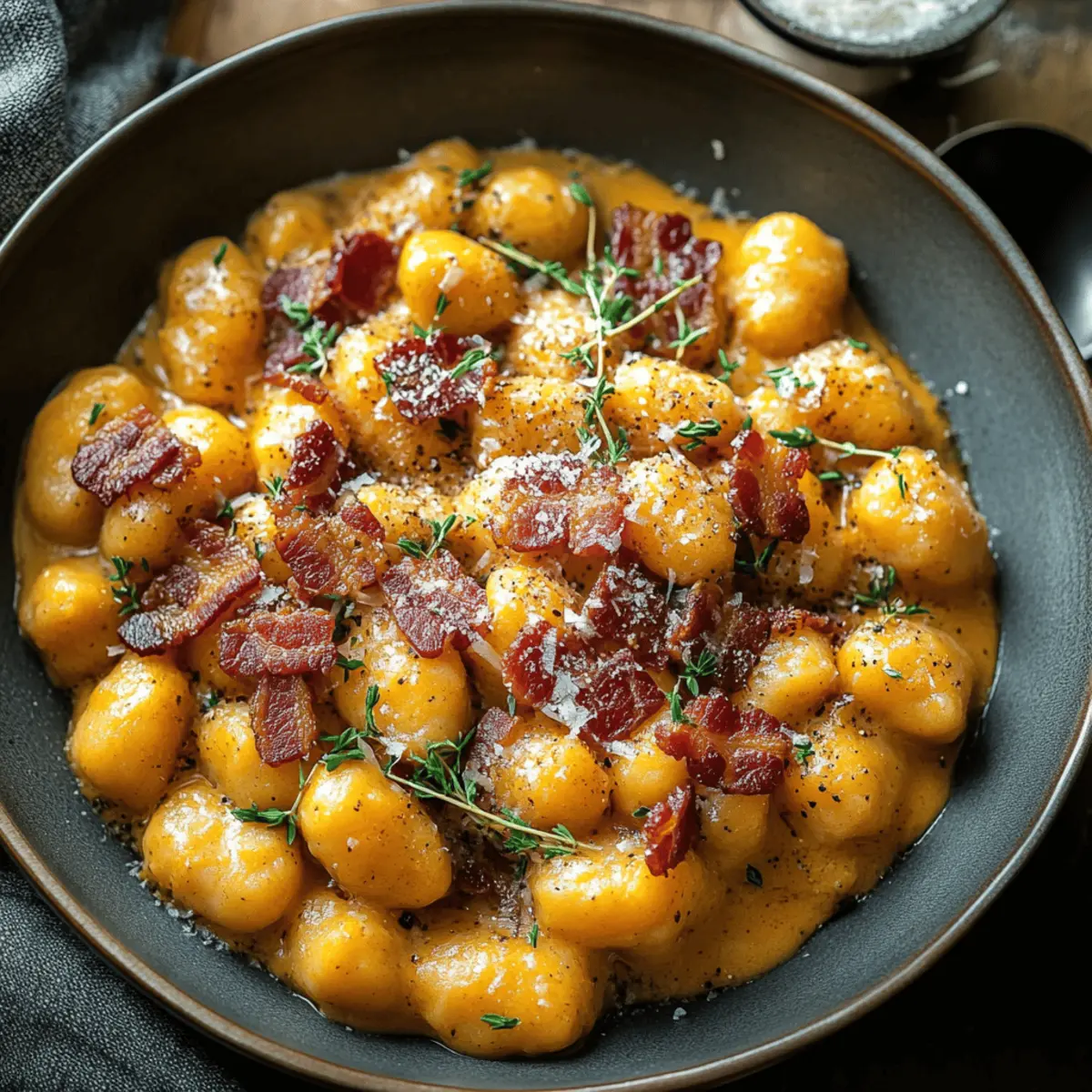 Creamy Pumpkin Gnocchi with Crispy Beef Bacon