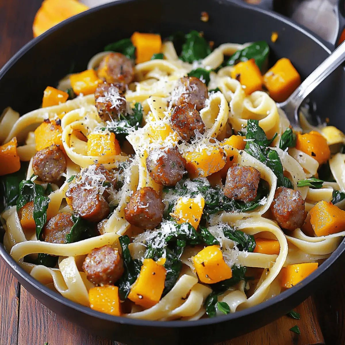 Hearty Butternut Squash Pasta with Beef Sausage and Spinach