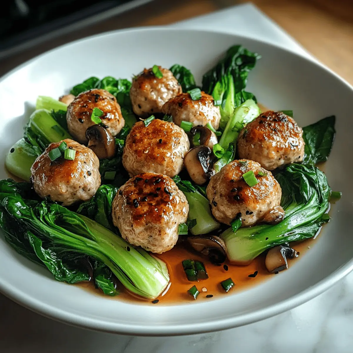 Steamed Chicken Meatballs with Bok Choy and Shiitake Mushrooms