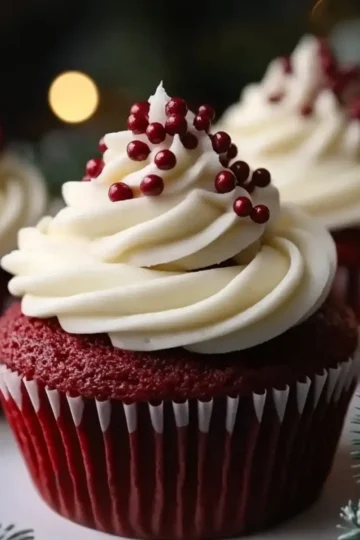 Christmas Red Velvet Cupcakes with Vanilla Frosting