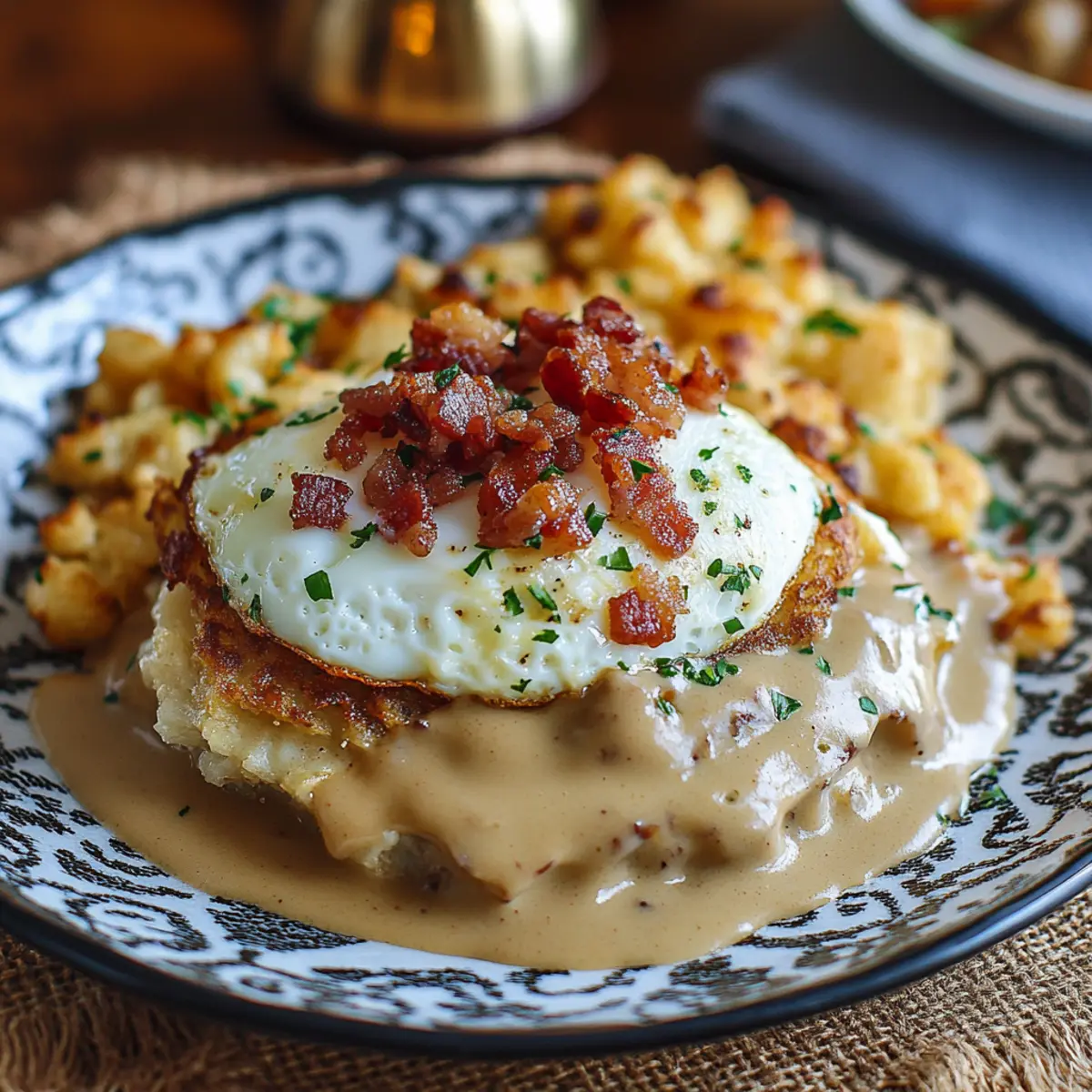 Egg Topped Hash Browns with Bacon Gravy