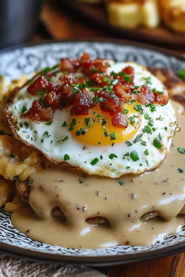 Egg Topped Hash Browns with Bacon Gravy