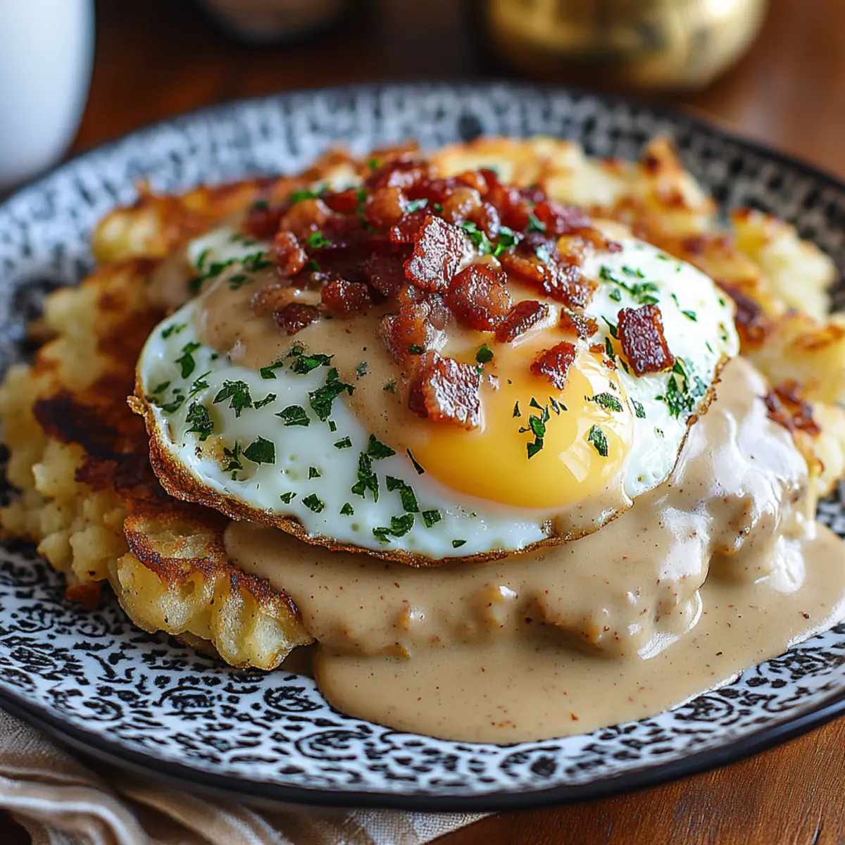 Egg Topped Hash Browns with Bacon Gravy