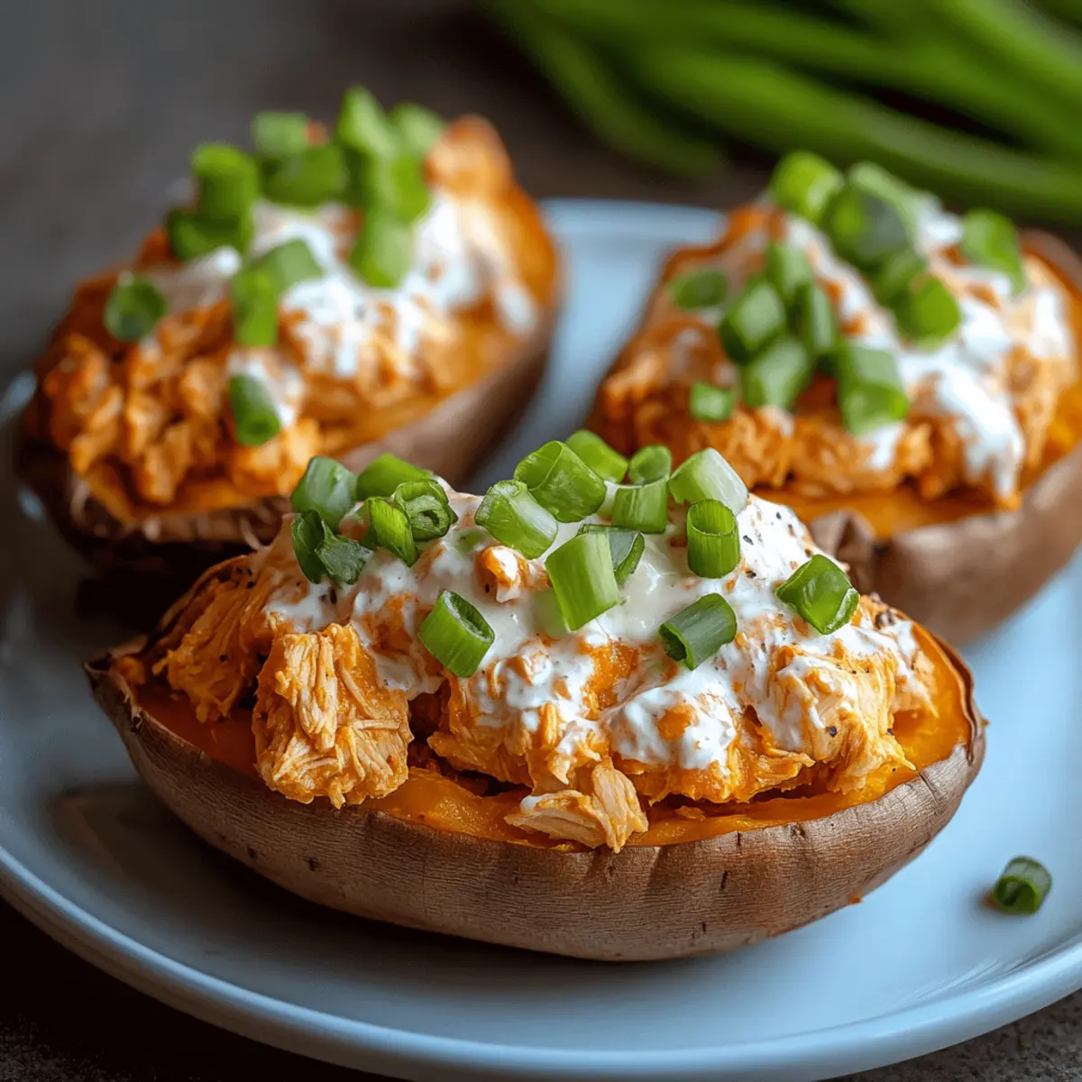 Buffalo Chicken Stuffed Sweet Potatoes
