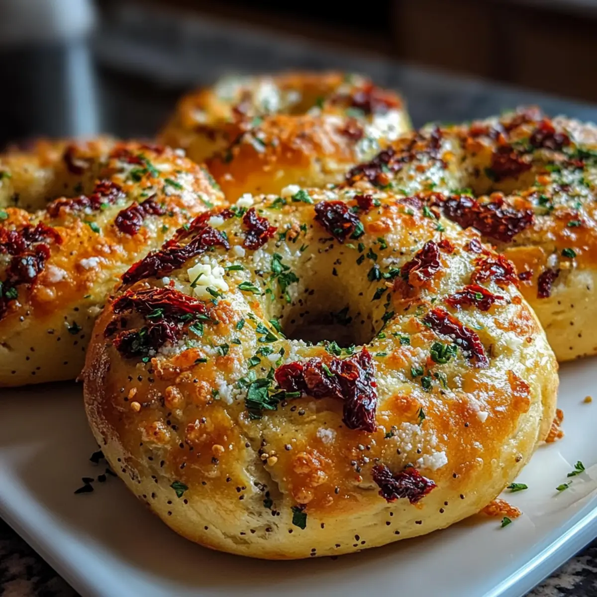Sourdough Sun Dried Tomato Bagels with Herbs and Cheese
