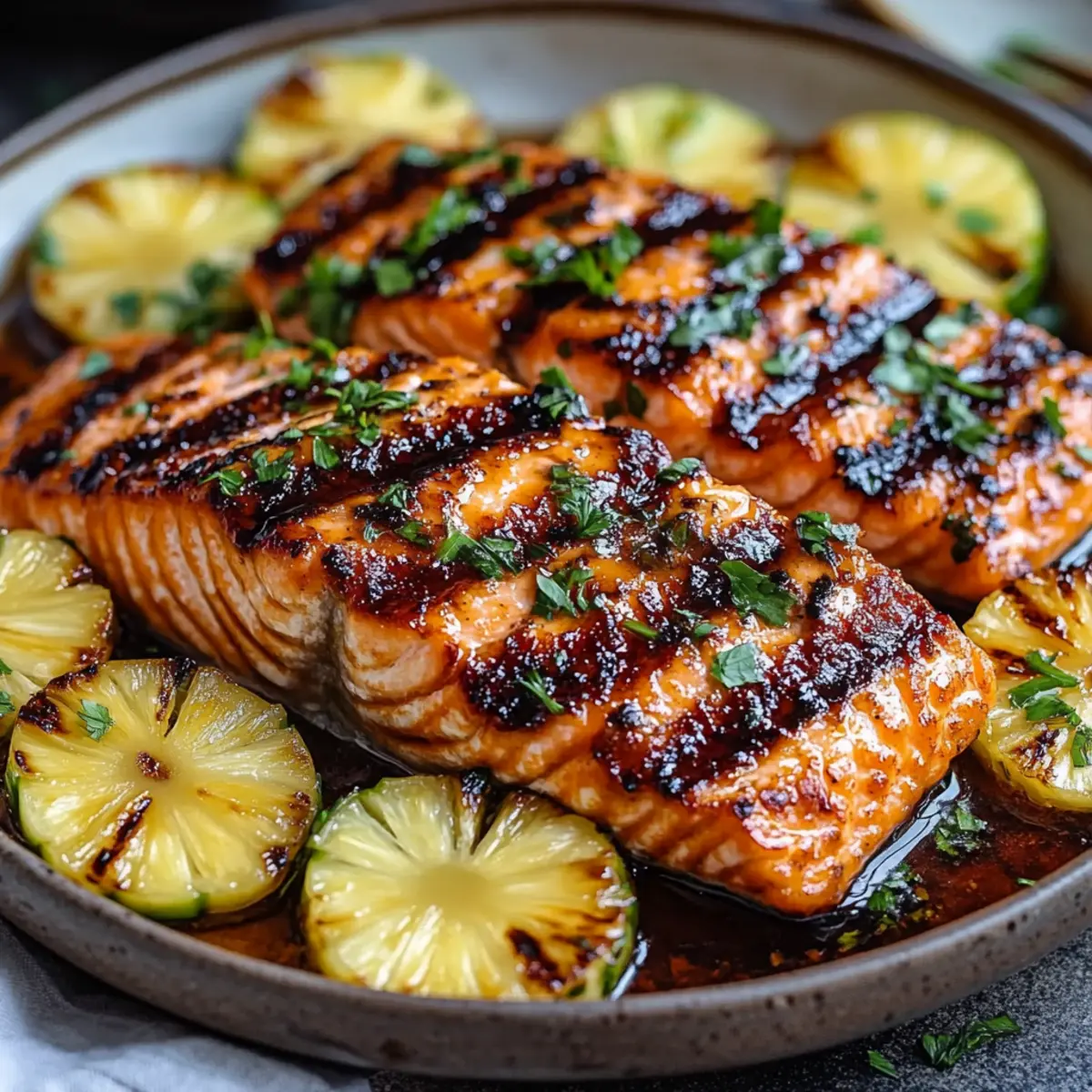 Spicy Honey Garlic Salmon with Grilled Pineapple